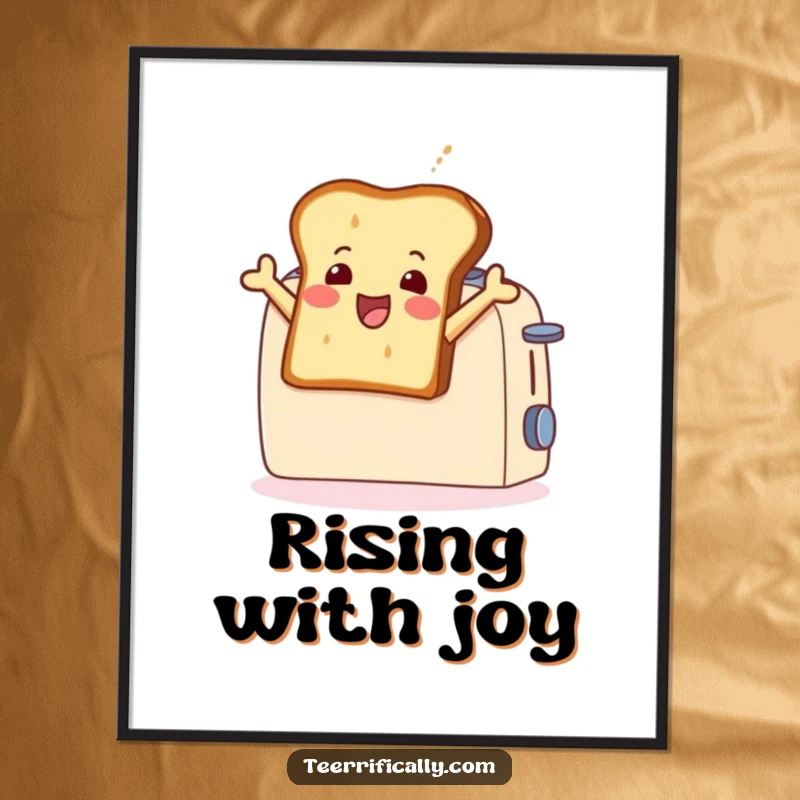 Funny digital art print of a joyful toast slice leaping from a toaster, capturing hilarious breakfast energy and playful design for immediate wall decor.