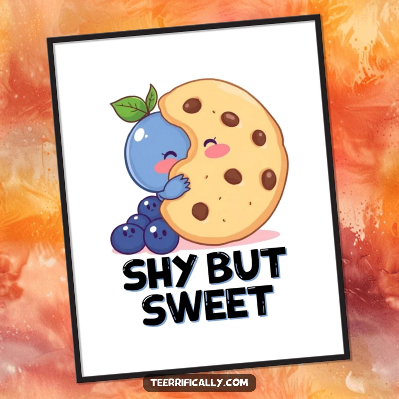 Funny digital art print of a shy blueberry blushing behind a giant cookie, ready to add sweet charm.
