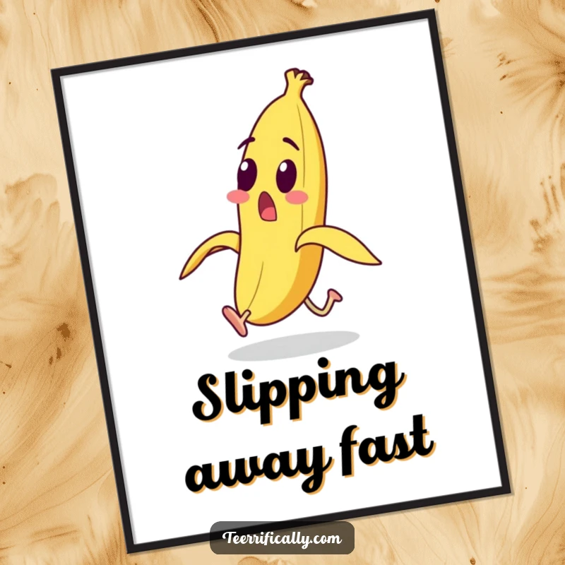 Funny surprised banana character with legs running from its peel as a downloadable digital art print, humorous decor.