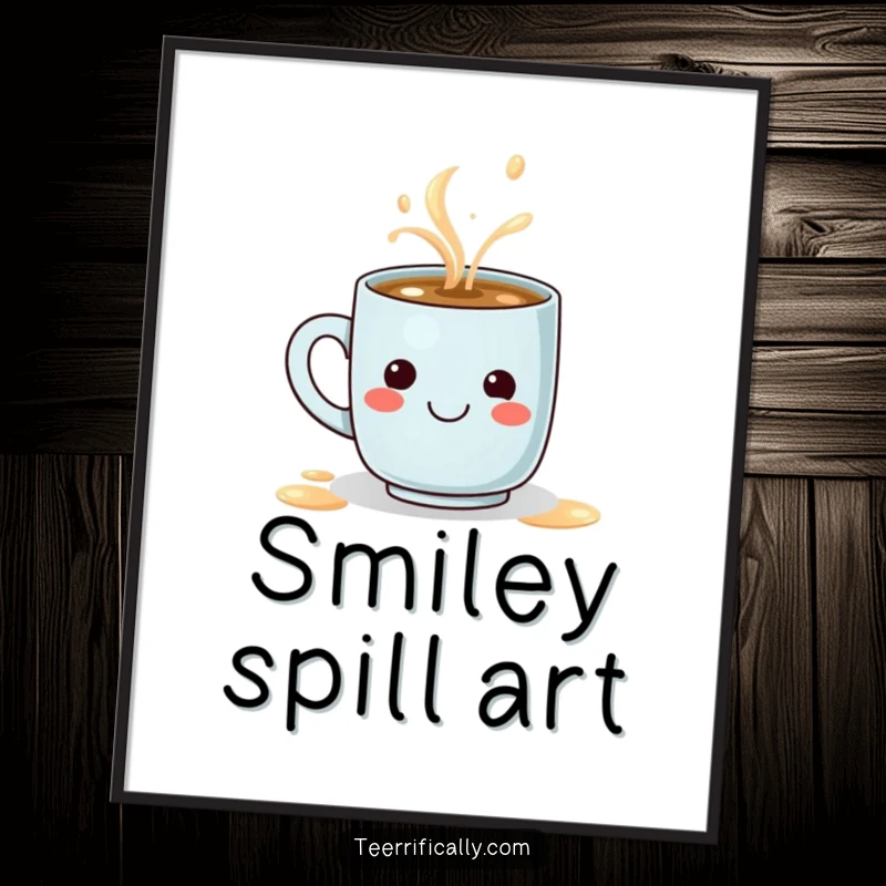 Funny digital art print of a tiny determined coffee mug spilling a steaming latte that forms a smiley face, offering instant decor.