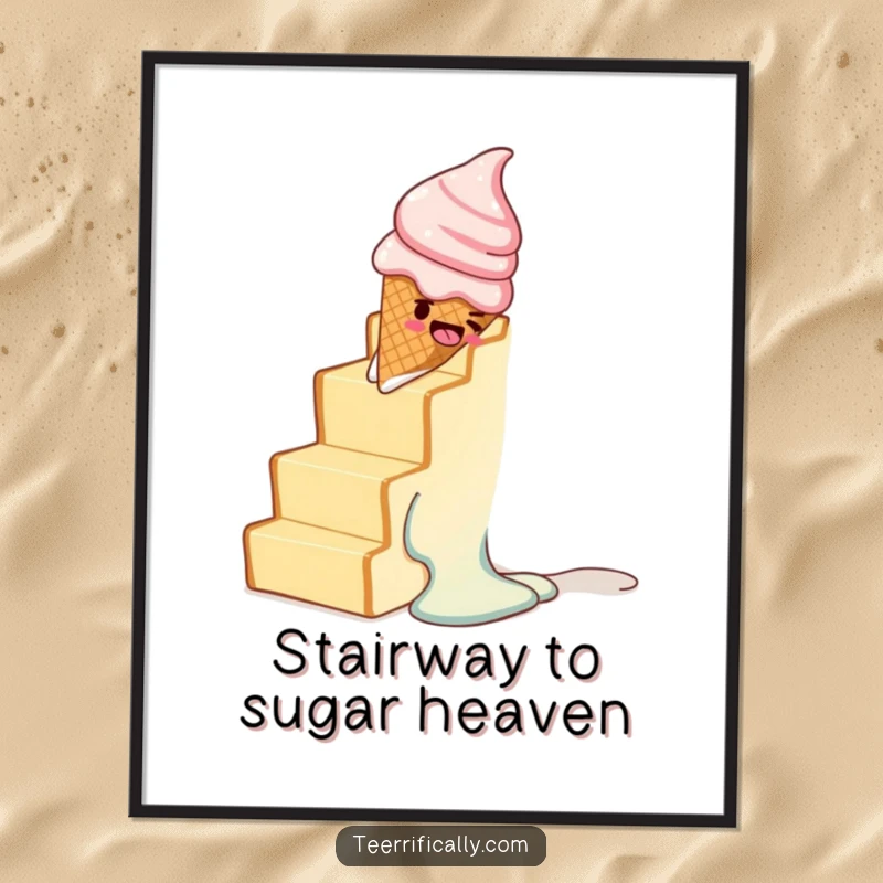 Funny digital art print of a melting ice cream cone comically sliding down a staircase made of toast.