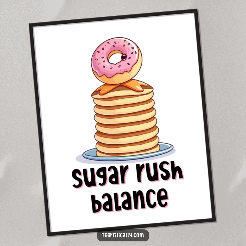 Funny donut pancake digital art print, a curious donut balancing precariously on pancakes, instant download, humorous illustration.