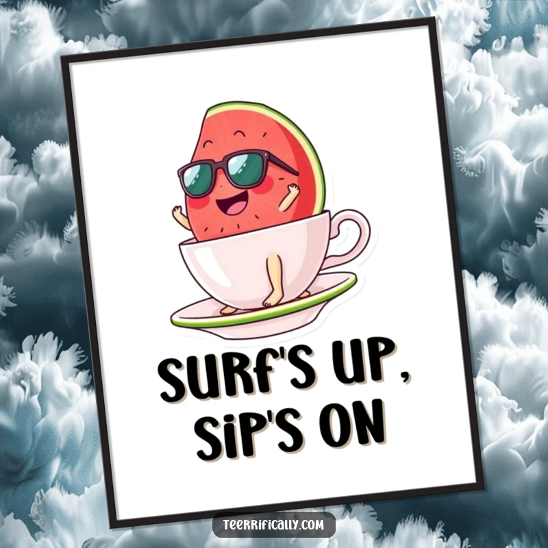 Funny watermelon slice digital art print, sunglasses on, surfing a teacup, embodying summer fun and joyful adventure. Instant decor.