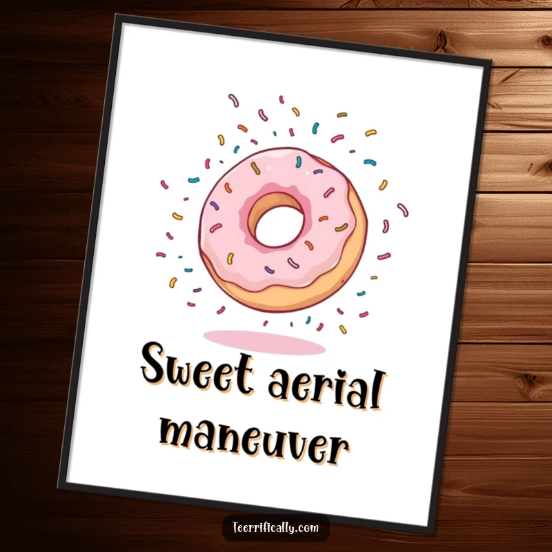 Funny Digital Art Print of a bouncy donut doing a somersault with colorful sprinkles flying everywhere, adding instant joy and energy.