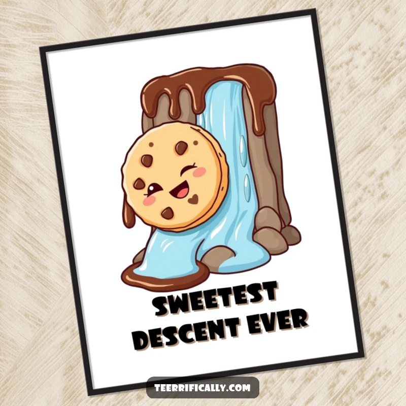 Funny Digital Art Print of a mischievous cookie winking as it slides down a chocolate sauce waterfall, adding instant humor to any room.