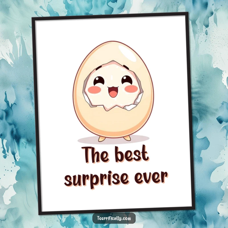 Funny digital art print of a startled cartoon egg cracking itself open with an expression of happy surprise.