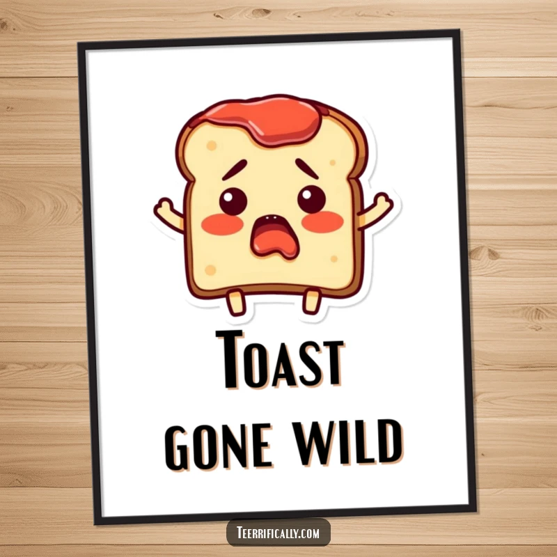 Funny Digital Art Print of a bewildered toast character with surprise jam spread, perfect for instant humorous decor.