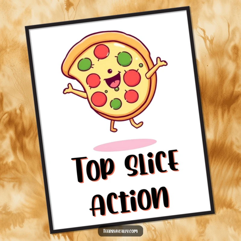 Funny Digital Art Print depicting a pizza slice cartwheeling with a huge cheesy smile, radiating pure humor and fun.