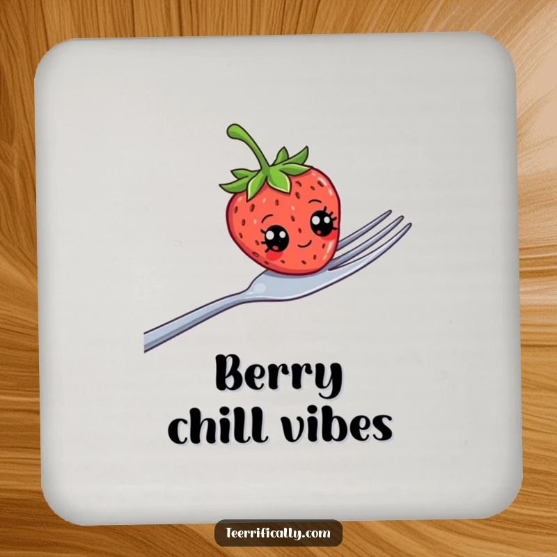 Funny strawberry with comical googly eyes balancing on a giant fork, depicted on a drink coaster for stylish surface protection.