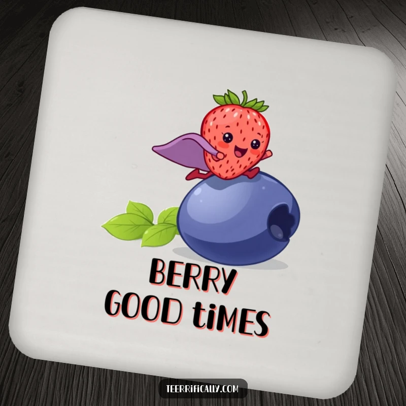 Funny strawberry superhero drink coaster, a happy strawberry in a cape leaping over a blueberry, protects furniture, humorous.