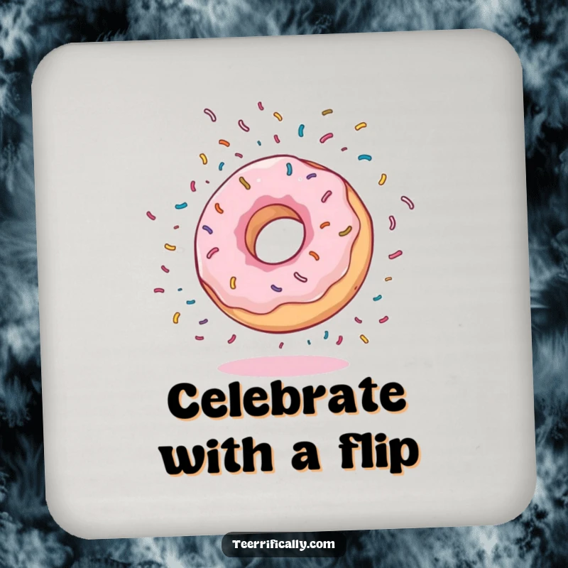 Funny Drink Coaster depicting a bouncy donut doing a somersault with sprinkles flying, providing surface protection with a cheerful and energetic design.