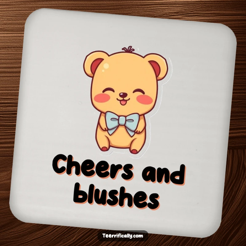 Funny drink coaster featuring a shy hot dog character in a small bowtie blushing brightly, cute and functional.