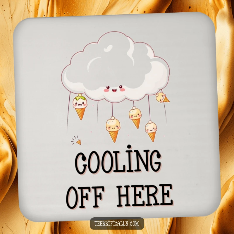 Funny drink coaster showing a cheerful cloud raining smiling ice creams, protecting surfaces with sweetness.