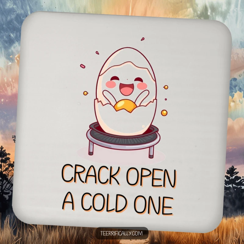 Funny cracked egg coasters, joyfully spilling onto a trampoline, protecting surfaces with breakfast-themed humor and cheer. Set of coasters.