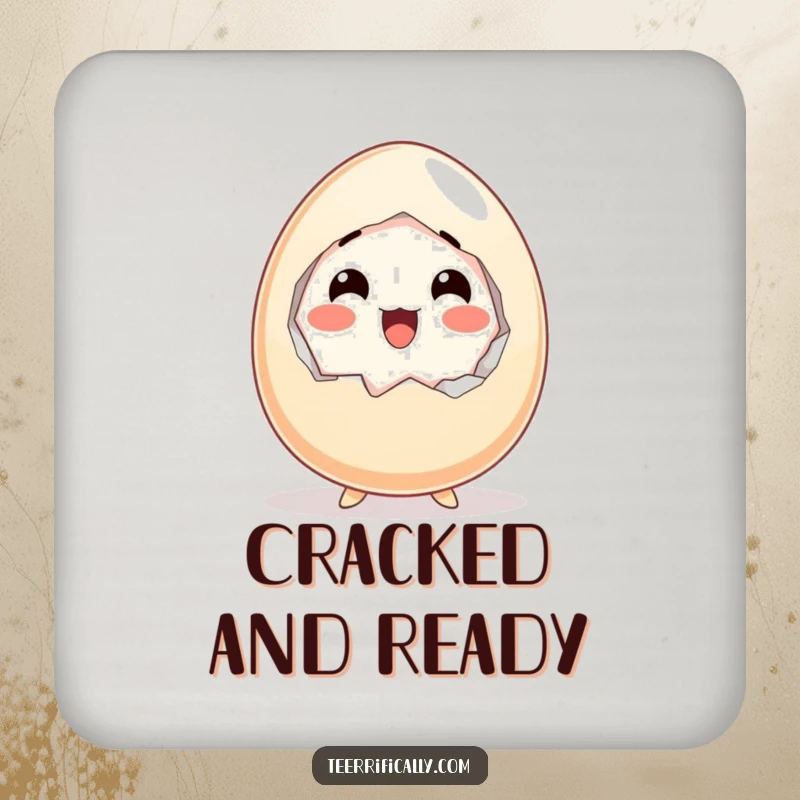 Funny drink coaster set featuring a startled cartoon egg cracking itself open with an expression of happy surprise.