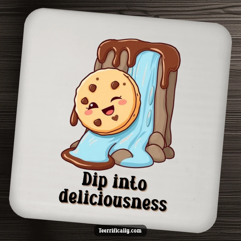 Funny Drink Coaster depicting a mischievous cookie sliding down a chocolate waterfall, providing surface protection with a humorous and sweet design.