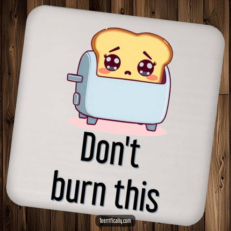 Funny drink coaster with a startled slice of toast jumping out of a toaster, perfect for adding breakfast humor to drink placement.