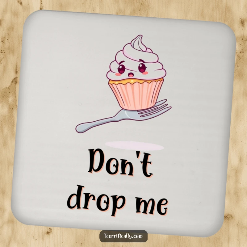 Funny drink coaster showing a shocked cupcake balancing on a large fork, protecting surfaces with humor.