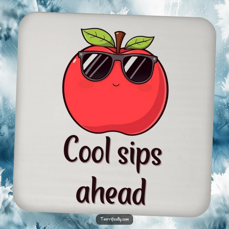 Funny apple drink coaster depicting a plump red apple in sunglasses winking slyly, adding cool humor to any surface.