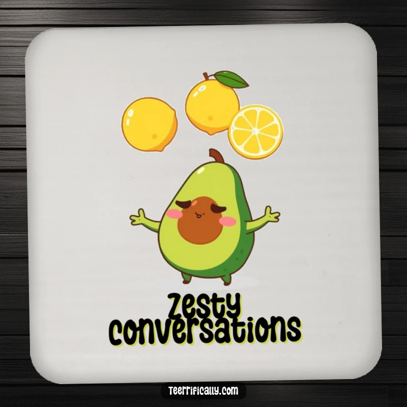 A determined tiny avocado juggles three lemons, depicted on a drink coaster for stylish surface protection.