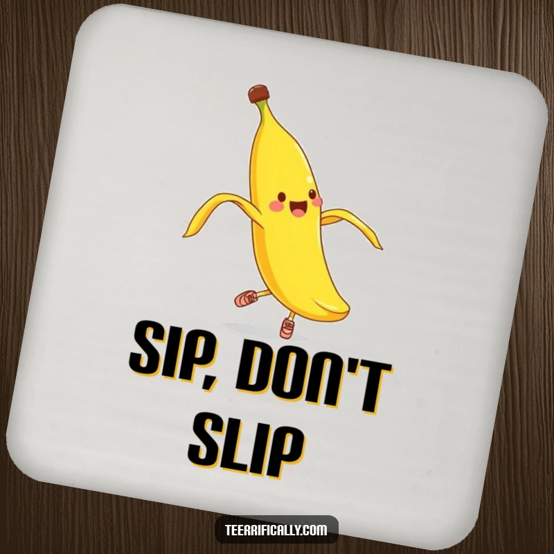 Funny banana peel pirouette coaster, absorbent coaster with a cheerful banana peel in tiny shoes doing ballet.