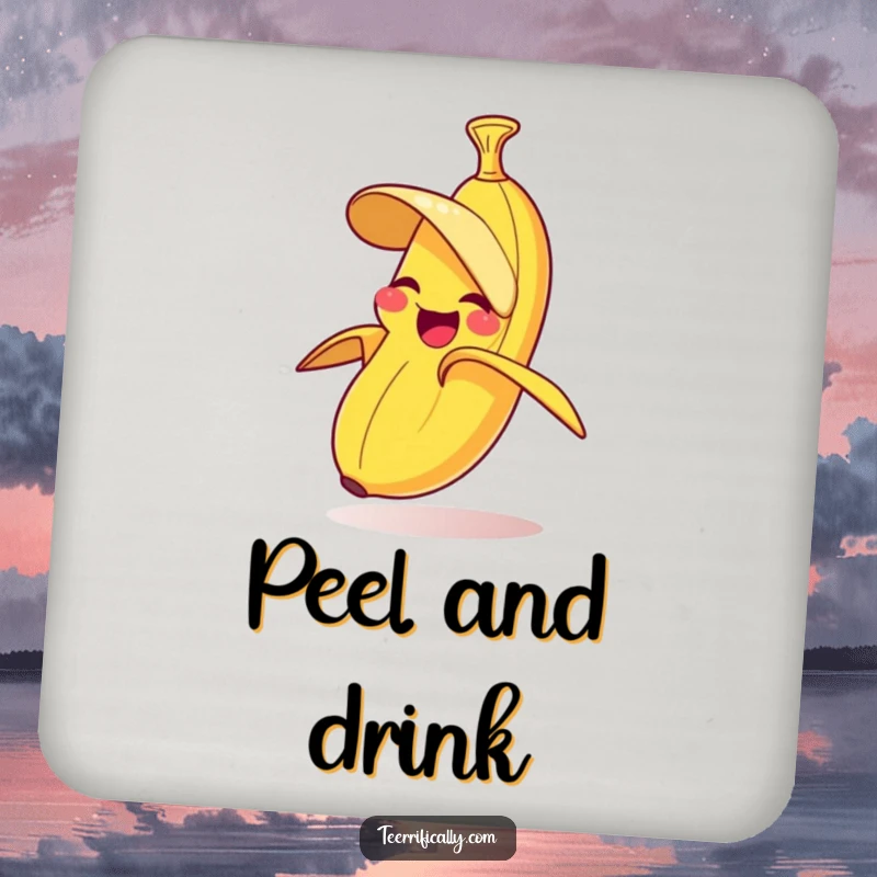 Funny drink coaster set featuring a giggling banana comically peeling itself, protecting surfaces with humor.