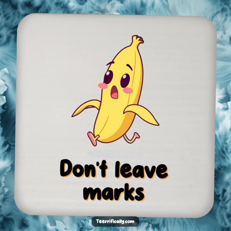 Funny surprised banana character with legs running from its peel on a drink coaster, offering humorous surface protection.
