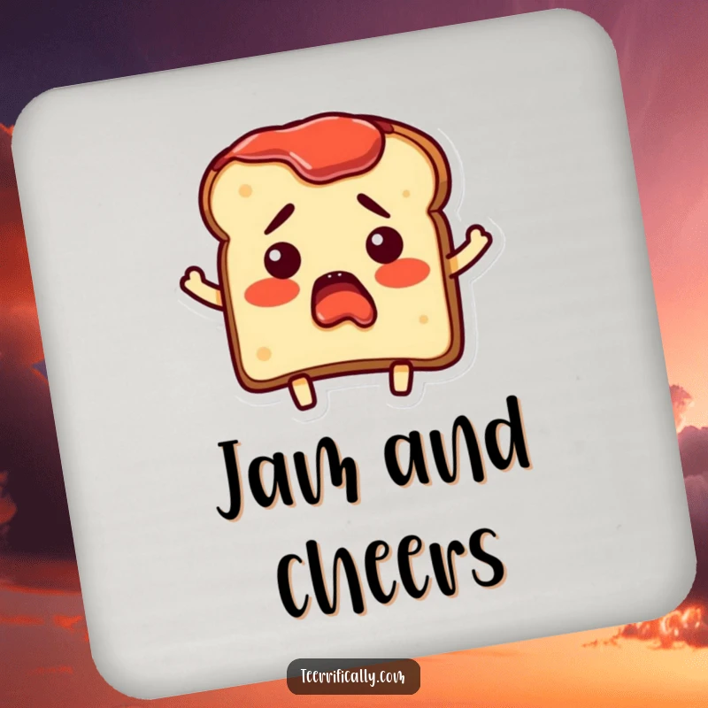 Funny Coasters featuring a bewildered toast character with surprise jam spread, adding humorous breakfast protection.