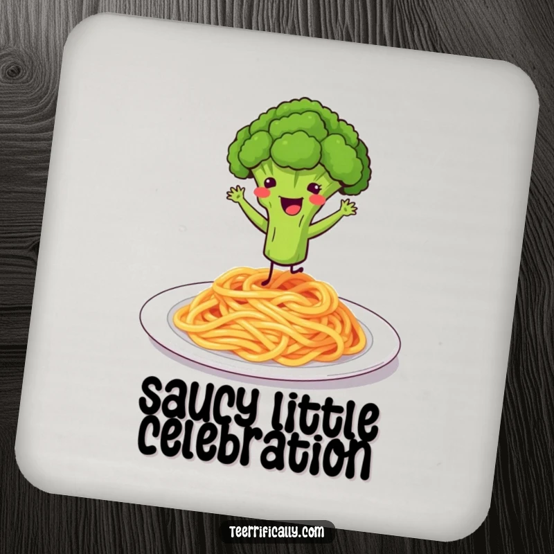 Funny drink coaster featuring a bouncing broccoli floret joyfully dancing on a plate of spaghetti.