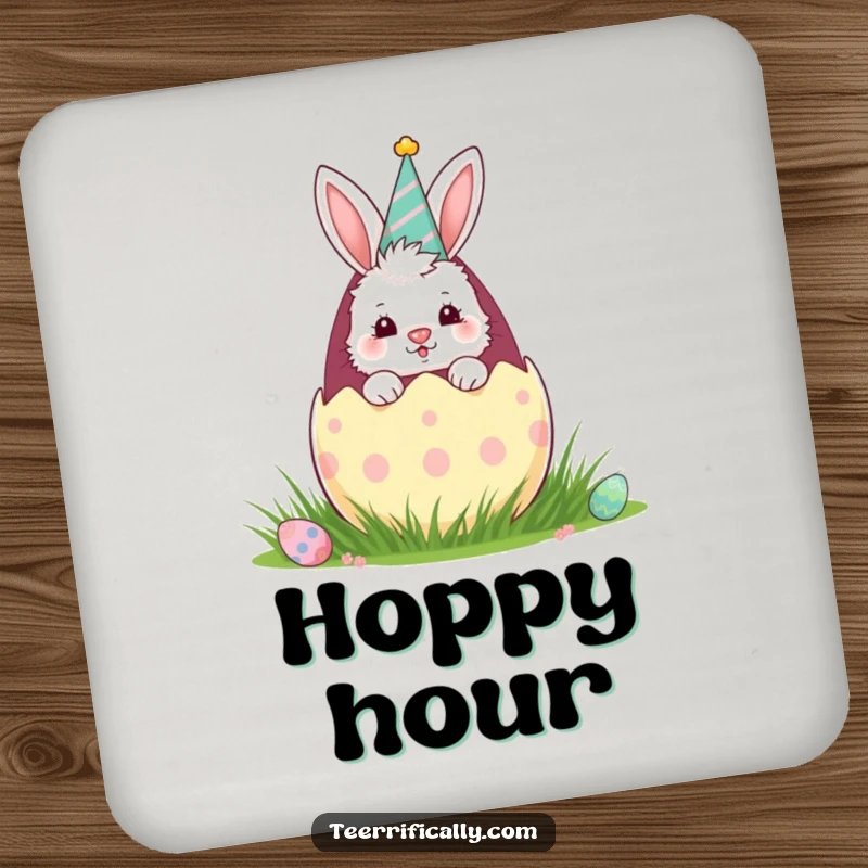 Funny drink coaster with a fluffy bunny peeking from an Easter egg, adding a touch of spring whimsy to beverage protection.