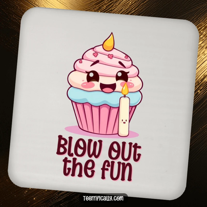 Funny drink coasters featuring a giggling cupcake attempting to eat its own candle, perfect for protecting surfaces with birthday humor.