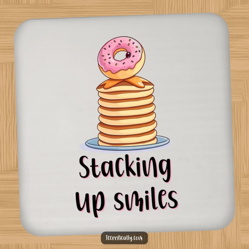 Funny donut pancake drink coaster, a curious donut balancing precariously on pancakes, protects furniture, humorous.