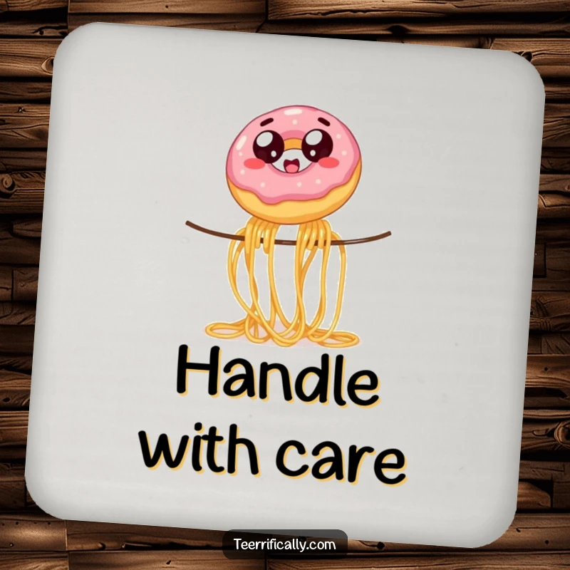 Funny wobbly jelly donut with wide eyes, balancing on spaghetti, on a drink coaster, providing humorous surface protection with dessert fun.