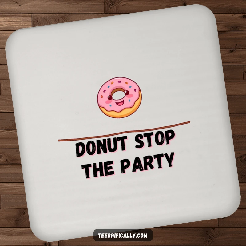 Funny donut coaster depicting a happy donut walking a tightrope, offering surface protection with a side of sweet, circus-inspired humor.