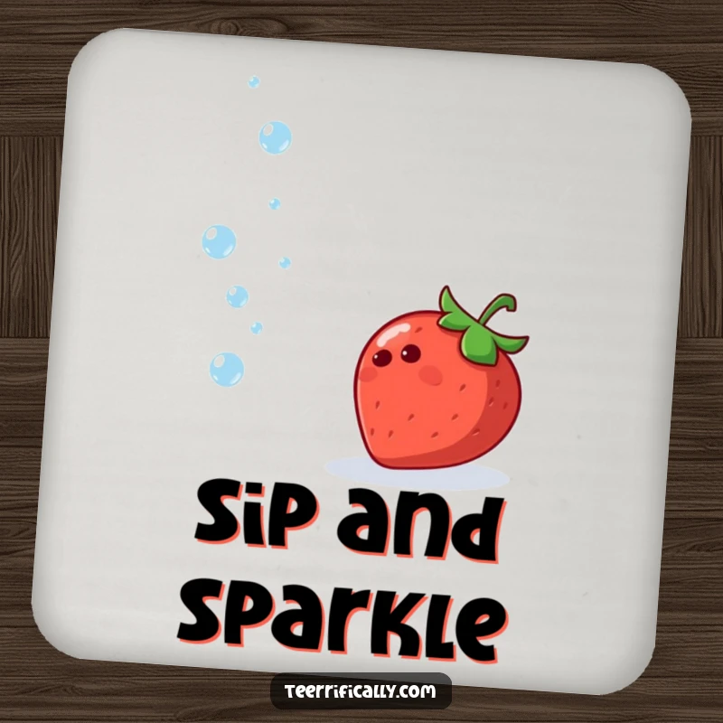 Funny drink coaster featuring a cheerful strawberry juggling tiny sparkling water droplets, adding fruity fun.