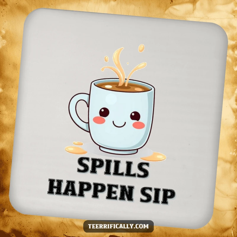 Funny drink coaster featuring a tiny determined coffee mug spilling a steaming latte that forms a smiley face, protecting surfaces with humor.