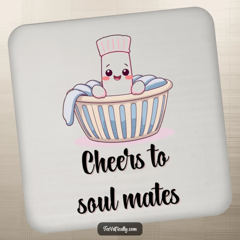 Funny Drink Coaster depicting a pleased sock discovering its mate in a laundry basket, providing surface protection with a humorous and heartwarming design.