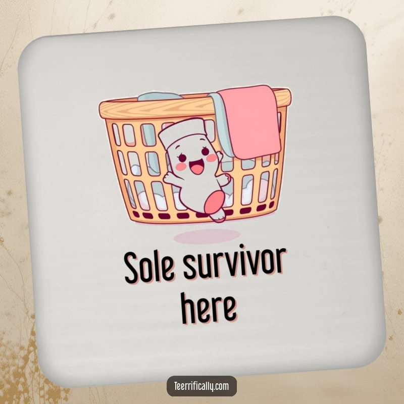 Funny drink coaster depicting a delighted sock chasing its mate around a laundry basket, adding humor to beverage service.
