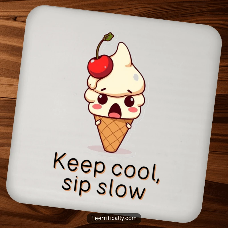 Funny ice cream coaster: Surprised ice cream cone character with a melting cherry on its head, a charming funny gift.