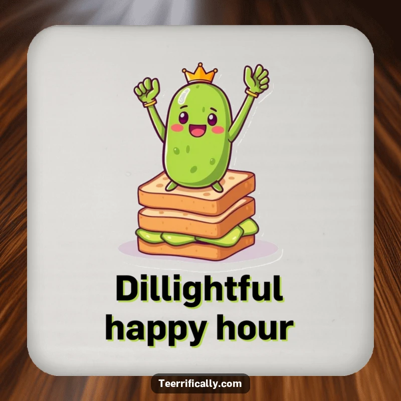 Funny pickle toast hero coaster depicting a triumphant pickle heroically posing on toast, offering surface protection with a side of bold, breakfast humor.
