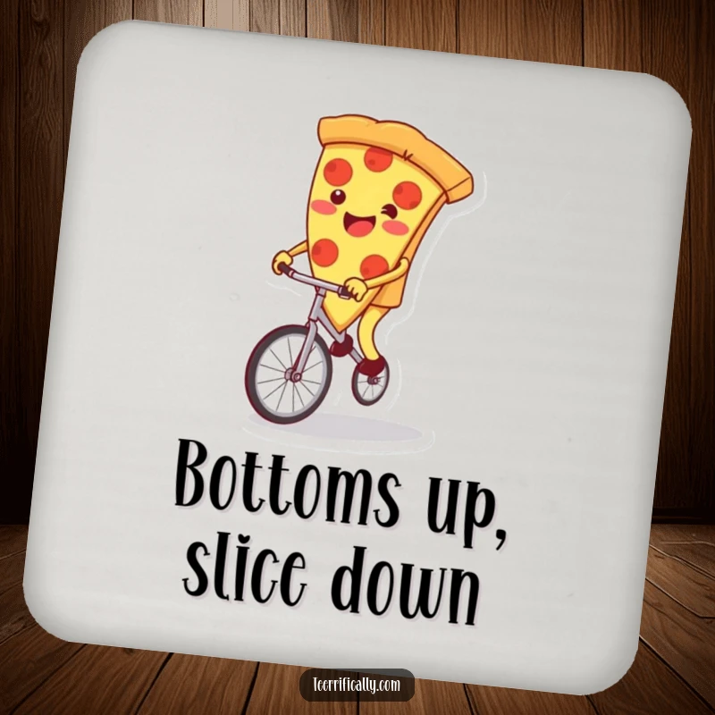 Funny pizza slice coasters, wobbling on a unicycle, protecting surfaces with a hilarious and quirky vibe. Set of humorous coasters.