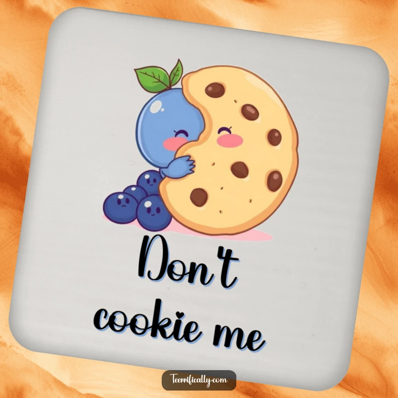 Funny drink coaster with a shy blueberry hiding behind a giant cookie, bringing a sweet and bashful design.