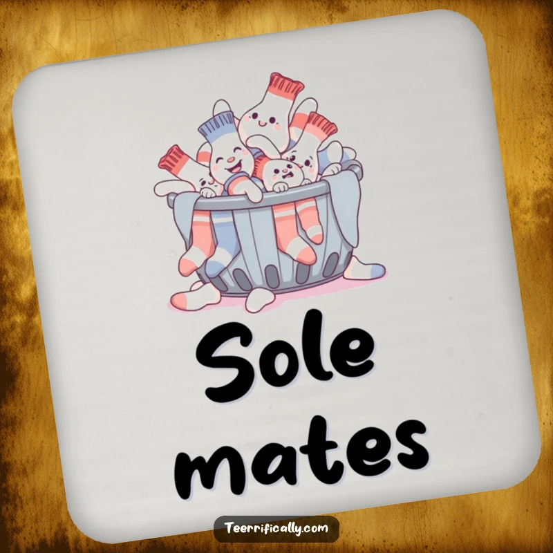 Funny drink coaster with a giggling pile of socks humorously trying to escape a laundry basket, a quirky table protector.