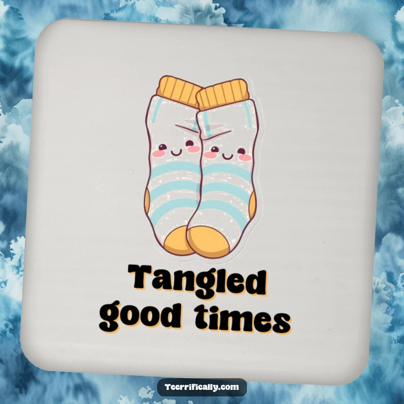 Funny Coasters featuring playful sock characters happily knotted together, adding whimsical humor to drink service.