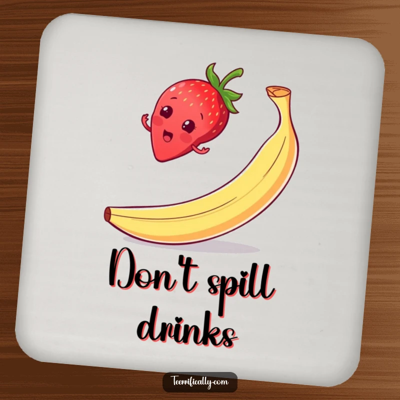 Funny strawberry slip coaster, balancing on a banana peel with a surprised grin, adding comedic charm to coffee tables.