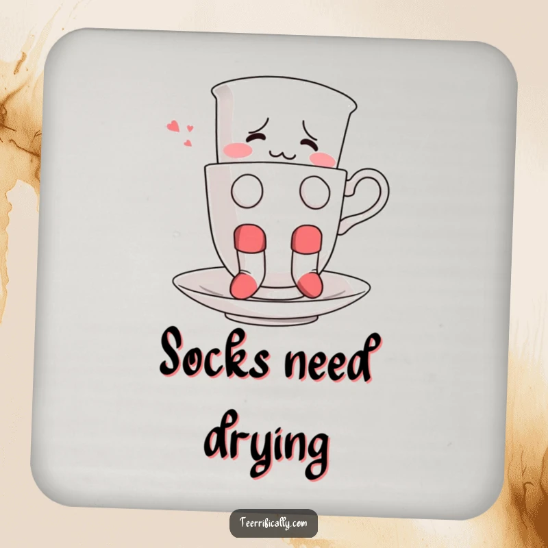 Funny drink coaster with a confused teacup wearing socks, hilariously attempting to float, perfect for adding humor to drink placement.