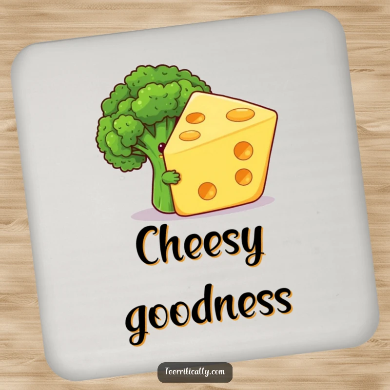 Funny drink coaster with a shy broccoli floret humorously hiding behind a giant, grinning cheese slice, a quirky table protector.