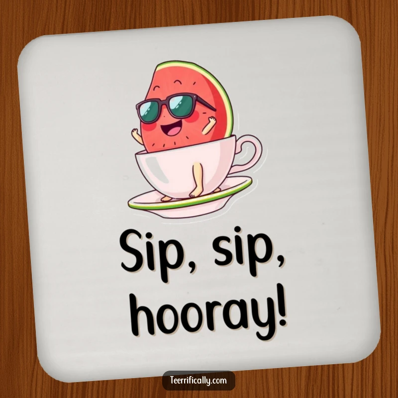 Funny watermelon slice coasters, sunglasses included, surfing a teacup, protecting surfaces with summery humor and cool vibes. Set of coasters.