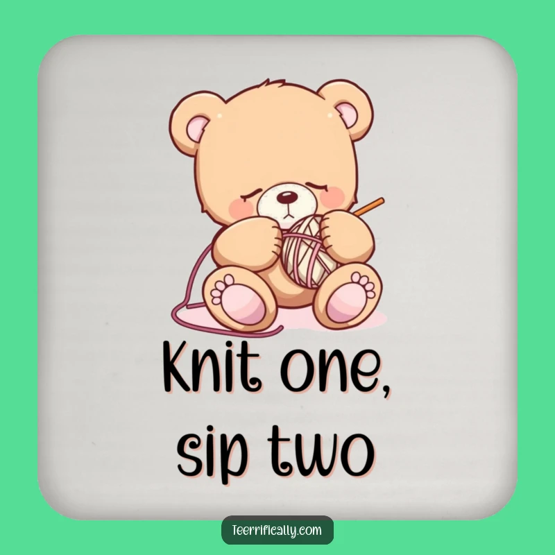Funny Sleepy Bear Knitting Drink Coaster: Protect Surfaces with Cute Crafting Comedy