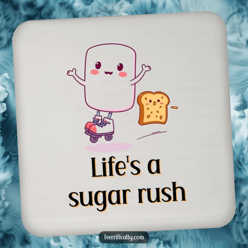 Funny drink coaster with a marshmallow on roller skates, speeding past a surprised toast, a quirky and protective accessory.